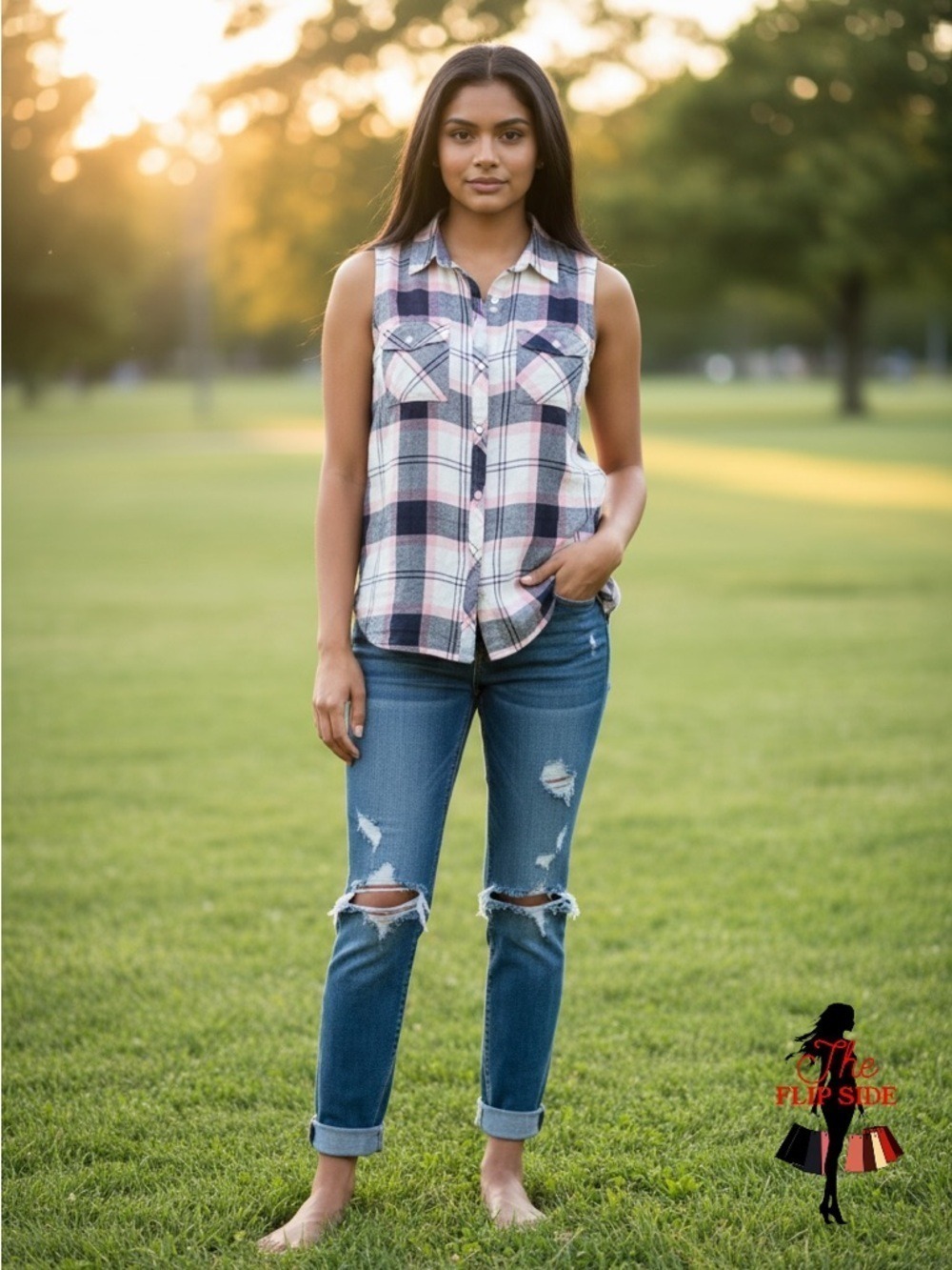 5/$25 ⭐️ Stoosh Y2K brand Sleeveless Lightweight Flannel Small/Medium Plaid Pink